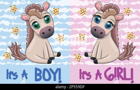 Festa dell'acquazzone del bambino con il cavallo carino del cartone animato, il ragazzo del pony e la ragazza. Invito dell'acquazzone del bambino e biglietto d'auguri di buon compleanno Illustrazione Vettoriale