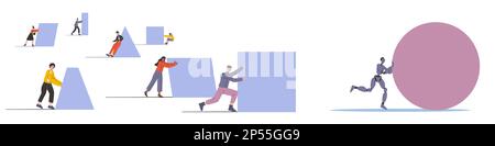 Robot e persone che spingono grandi forme geometriche. Concorrenza con cyborg in velocità. Gara di gruppo dei dipendenti aziendali. Rivalità tra gli esseri umani e. Illustrazione Vettoriale