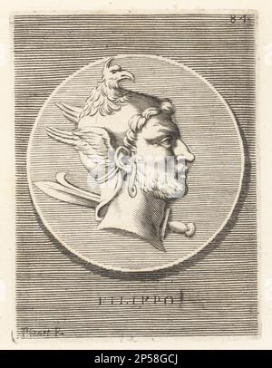 Filippo II di Macedone, 382-336 a.C. Re di Macedonia dal 359 a.C. fino alla sua morte, padre di Alessandro Magno. Raffigurato con una spada corta, indossando un casco adornato con la testa dell'aquila e le ali. Filippo con la Cusia. Incisione su copperplate di Etienne Picart dopo Giovanni Angelo Canini da Iconografia, cioe malati d'imagini de famosissimi monarchi, regi, filososi, poeti ed oratori dell'Antichita, disegni di immagini di famosi monarchi, re, filosofi, poeti ed oratori dell'Antichità, Ignatio de’Lazari, Roma, 1699. Foto Stock