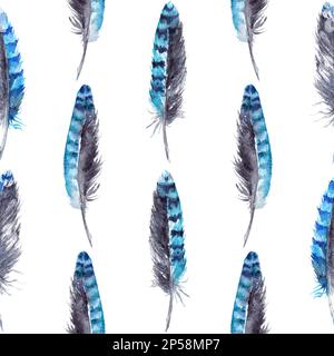 Acquerello blu piume jay senza cuciture sfondo motivo. Foto Stock