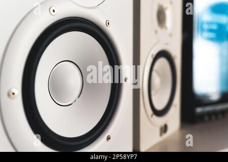 primo piano di due altoparlanti shite in uno studio di registrazione a casa. Foto di alta qualità Foto Stock