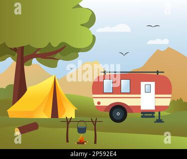 Riposatevi in montagna. Casa automobilistica, tenda, fuoco e bollitore. Campeggio. Illustrazione Vettoriale