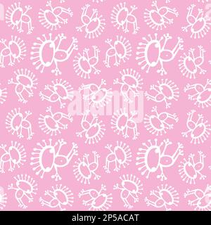 Rosa bianco doodle aliena rana bambino senza cuciture modello di sfondo vettoriale. Illustrazione Vettoriale