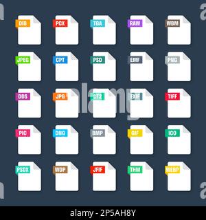 Formati file di sistema comuni. Tipi di documento ed estensioni. Collezione icone stile piatto. Pittogramma del documento, elemento dell'interfaccia utente del disegno Web, modello. Computer Illustrazione Vettoriale