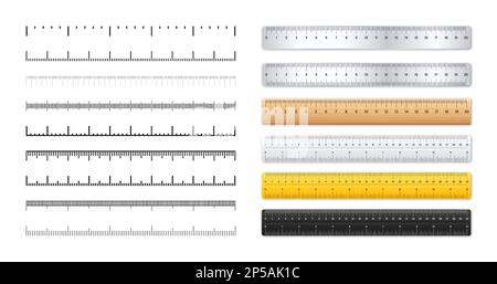 Righelli realistici in metallo e plastica. Scale di misurazione con divisioni. Scala per la misurazione della lunghezza o dell'altezza in centimetri, pollici. Righello, nastro Illustrazione Vettoriale