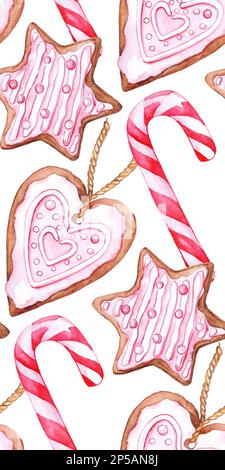 Acquerello Natale caramella canna zenzero biscotti senza cuciture motivo. Foto Stock