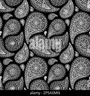 Linea d'arte monocromatica Paisley buta doodle motivo senza cuciture. Foto Stock