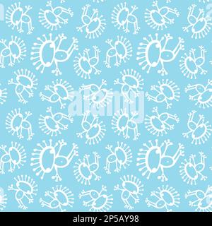 Blu bianco doodle aliena rana bambino senza cuciture sfondo modello vettoriale. Illustrazione Vettoriale