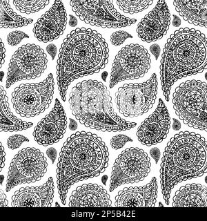 Linea d'arte monocromatica Paisley buta doodle motivo senza cuciture. Foto Stock