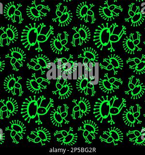 Neon verde nero nero nero doodle aliena rana vettore senza cuciture pattern. Illustrazione Vettoriale