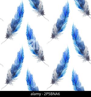 Acquerello nero blu piume jay senza cuciture motivo texture sfondo. Foto Stock