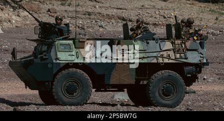 I membri dell'Esercito francese partecipano ad un convoglio durante l'esercizio WAKRI 23 ad Arta Range, Gibuti, 21 febbraio 2023. Esercizio WAKRI 23, il più grande esercizio annuale a guida francese del continente africano, è un esercizio di tre giorni che ha fornito una formazione realistica per le componenti aeree, terrestri e marittime delle forze armate francesi insieme ai soldati statunitensi. (STATI UNITI Air Force foto di staff Sgt. Aaron Irvin) Foto Stock