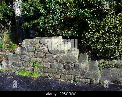 Blocco di montaggio o scalini per aiutare a salire su un cavallo a Salterforth, un villaggio sul confine Lancashire/Yorkshire Foto Stock