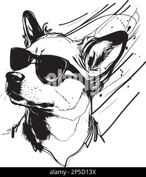 Inchiostro stile Vector Art di un cane che indossa occhiali da sole Illustrazione Vettoriale
