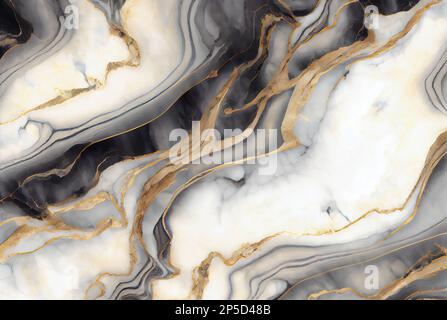 Marmo bianco con fondo astratto in oro e onice nero. Pittura acrilica decorativa che colma la struttura del marmo di roccia. Motivo astratto orizzontale naturale nero e oro. Foto Stock