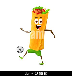 Cartoon personaggio burrito messicano che gioca a calcio gioco sportivo. Personaggio vettoriale di carino sandwich tex-mex wrap o fast food tortilla roll con pollo Illustrazione Vettoriale