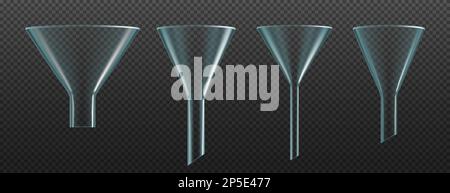 Set di imbuti isolati in vetro. Apparecchiature per laboratori chimici e vetreria, medicina, biologia e ricerca scientifica strumenti vettoriali realistici. Glas Illustrazione Vettoriale