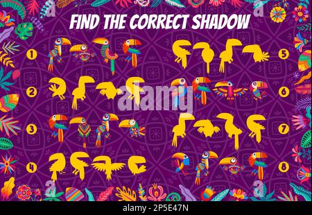 Trova l'ombra corretta dei personaggi degli uccelli toucan brasiliani e messicani nella giungla, quiz vettoriale per bambini. Trova e abbina la stessa silhouette o tropicale b Illustrazione Vettoriale