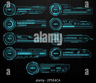 Barre di caricamento futuristiche HUD, interfaccia utente Sci Fi e tecnologia digitale, interfaccia utente schermo vettoriale. Barre di caricamento dei giochi HUD e caricamento dei processi tecnologici futuri o dat Illustrazione Vettoriale