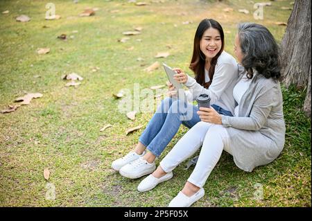 Felice e allegra nipote asiatica e sua nonna amano parlare e ridere mentre si rilassano sotto un albero in un parco verde insieme. Foto Stock