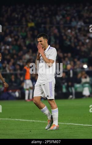 Siviglia, Spagna. 05th Mar, 2023. Lucas Vazquez del Real Madrid reagisce durante il giorno 24 della partita di Santander tra Real Betis e Real Madrid allo stadio Benito Villamarin. Punteggio finale: Real Betis 0:0 Real Madrid Credit: SOPA Images Limited/Alamy Live News Foto Stock