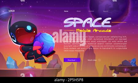 Astronauta nello spazio sul paesaggio del pianeta alieno, landing page mobile arcade. Sfondo COSMOS con carino cosmonaut volante in nero tuta spaziale e casco tenendo il globo, vettoriale illustrazione cartoon Illustrazione Vettoriale