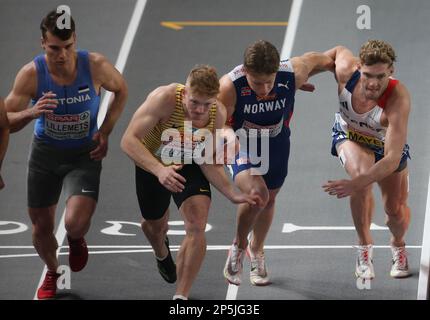 Istanbul, Turchia. 05th Mar, 2023. Risto LILLEMETS di Estonia, Manuel EITEL di Germania, Sander SKOTHEIM di Norvegia e Kevin Mayer di Francia 1000m uomini Heptathlon durante i Campionati europei di atletica indoor 2023 il 5 marzo 2023 all'Atakoy Arena di Istanbul, Turchia. Foto di Laurent Lairys/ABACAPRESS.COM Credit: Abaca Press/Alamy Live News Foto Stock