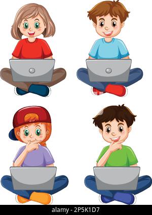 Cartoon ragazzi che utilizzano i notebook per l'illustrazione dell'apprendimento online Illustrazione Vettoriale