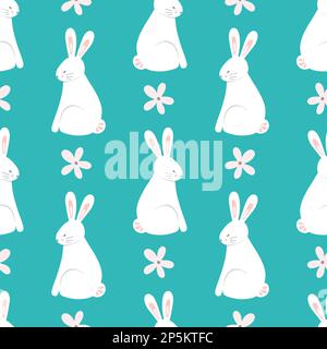 Pasqua coniglio modello sfondo, carino vettore senza cuciture ripetizione disegno di coniglietti primavera con fiori. Illustrazione Vettoriale