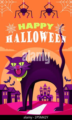 Happy Halloween, arrabbiato gatto nero Illustrazione Vettoriale