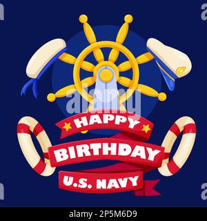 Buon compleanno, USA Navy, timone della nave e cappello del marinaio Illustrazione Vettoriale