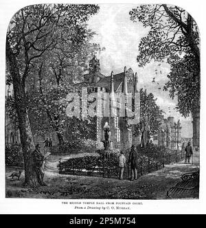 Incisione della Middle Temple Hall da Fountain Court, Londra, Inghilterra, circa 1880. L'Honourable Society of the Middle Temple, comunemente conosciuta semplicemente come Middle Temple, è uno dei quattro Inns of Court che ha il diritto esclusivo di chiamare i propri membri al Bar Inglese come barristers, gli altri essendo Inner Temple, Gray's Inn e Lincoln's Inn Foto Stock