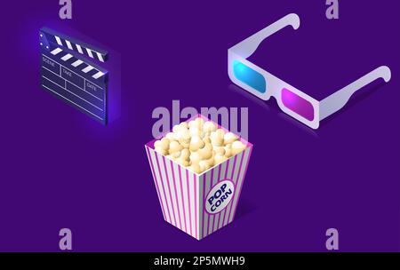 Icone cinematografiche o cinematografiche concetto isometrico illustrazione vettoriale. Secchio di popcorn, vetri 3D e clapper isolati su sfondo ultravioletto. Illustrazione Vettoriale