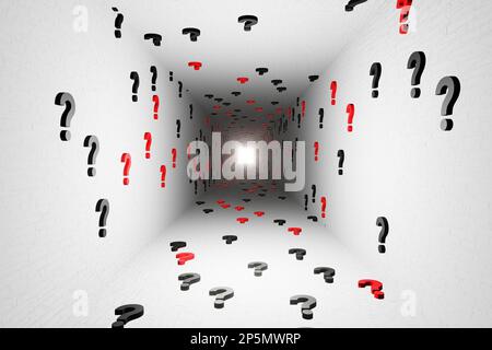 Punti interrogativi simboli icona tunnel sfondo bianco rendering 3D. Domande sul cyberspazio digitale, Symbol, fare, fare, informazioni essenziali, confusione pensare Foto Stock