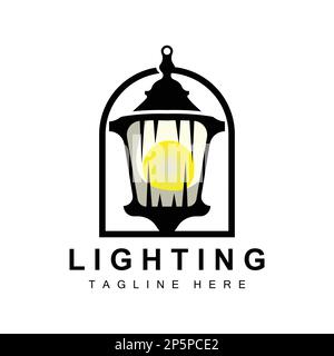 Logo Street Lamp, Lanterna Lamp Vector, illuminazione classica retro design, icona Silhouette modello Premium Illustrazione Vettoriale