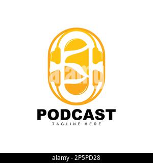 Logo podcast, vettore, cuffia e chat, design semplice del microfono vintage Illustrazione Vettoriale