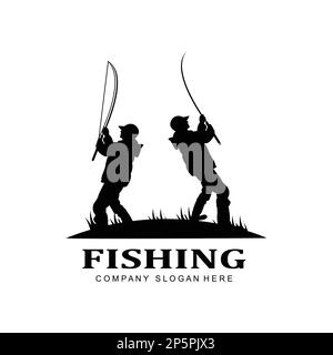 logo di pesca icona vettore, cattura i pesci sulla barca, all'aperto tramonto silhouette design Illustrazione Vettoriale