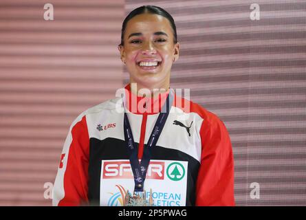 Istanbul, Turchia - 5 marzo 2023, Ditaji Kambundji di Svizzera, Podium 60m Hurdles Women durante i Campionati europei di atletica indoor 2023 il 5 marzo 2023 all'Atakoy Arena di Istanbul, Turchia - Photo: Laurent Lairys/DPPI/LiveMedia Foto Stock