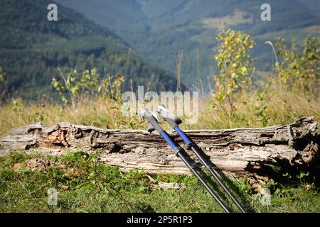 Coppia di pali da trekking su una collina erbosa in montagna Foto Stock