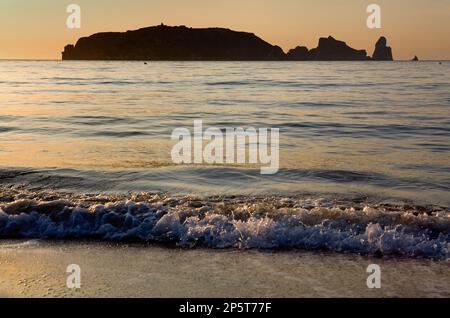 L'Estartit. Gran beach. In Sfondo Isole Medes.Costa Brava. La provincia di Girona. La Catalogna. Spagna Foto Stock