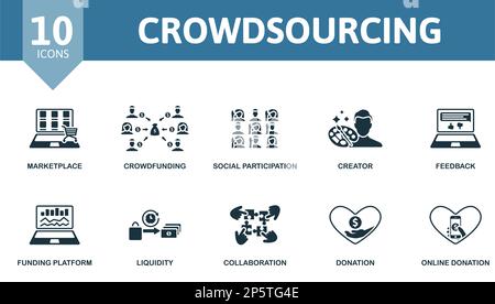 Set di crowdsourcing. Icone creative: Mercato, crowdfunding, partecipazione sociale, creatore, feedback, piattaforma di finanziamento, liquidità, collaborazione Illustrazione Vettoriale