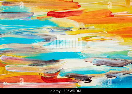 Pittura sfondo, arancione, blu, giallo, bianco opera. verniciatura a inchiostro liquido. Immagine della vernice a olio di acquerello originale su carta di qualità Foto Stock
