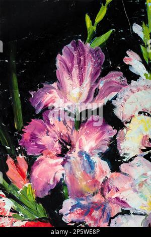 Adorabili fiori di pittura su sfondo nero, nuove opere d'arte creative. Verniciatura a olio trafilato a mano. Sfondo astratto dell'arte. Pittura ad olio su tela. Colore Foto Stock