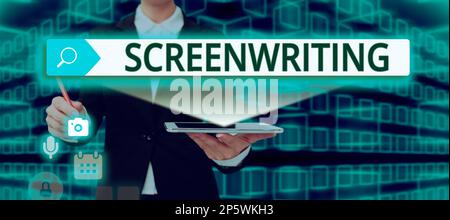 Scrittura visualizzazione testo Screenwriting. Panoramica aziendale l'arte e l'arte di scrivere script per la comunicazione mediatica Foto Stock