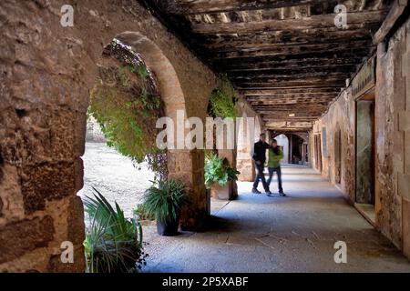 Arcate in Plaça Major,Santa Pau,Garrotxa Parco naturale,la provincia di Girona. La Catalogna. Spagna Foto Stock