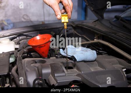 cambio dell'olio della vettura, controllo del livello dell'olio Foto Stock