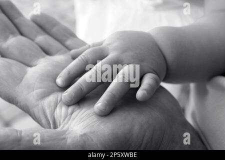 la mano del bambino nella mano della madre, foto in bianco e nero Foto Stock