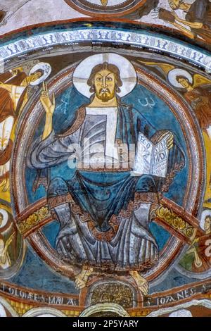 Mural, chiesa romanica di Sant Climent de Taüll. Taüll, Vall de Boí, Lleida, Catalogna, Spagna Foto Stock