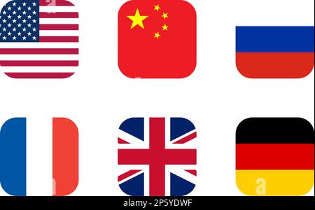 Soft Square Flag Icon Collection of USA Stati Uniti d'America, Cina, Russia, Regno Unito Francia e Germania. Immagine vettoriale. Illustrazione Vettoriale