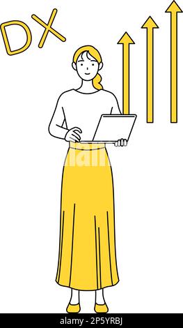 Immagine di DX, Una giovane donna vestita casualmente che ha migliorato con successo il suo business, Vector Illustration Illustrazione Vettoriale